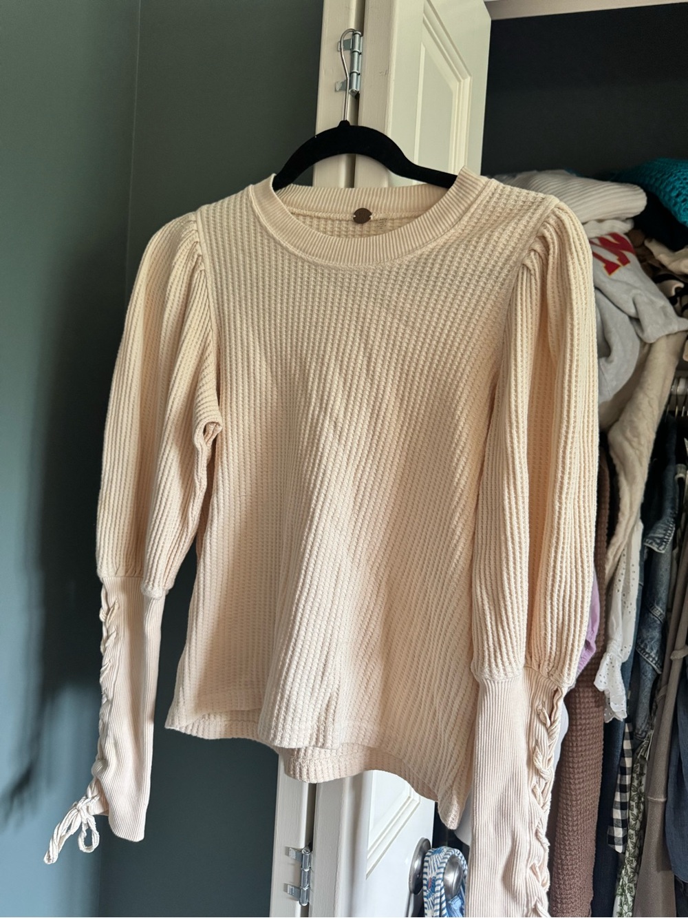 Free People Cream Ribbed Puff-Sleeve Knit Top